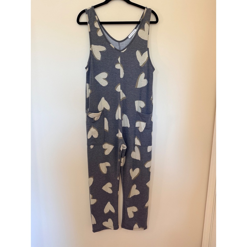 Chris & Carol Womens Heart Print Jumpsuit Gray Cream Sleeveless V-Neck Medium